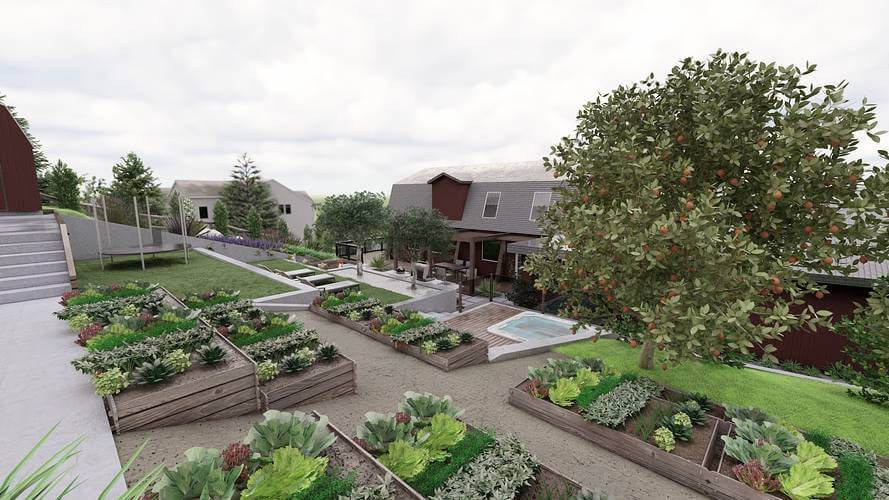 Custom landscape architectural design with retaining walls on a sloped property in Millcreek, Utah.