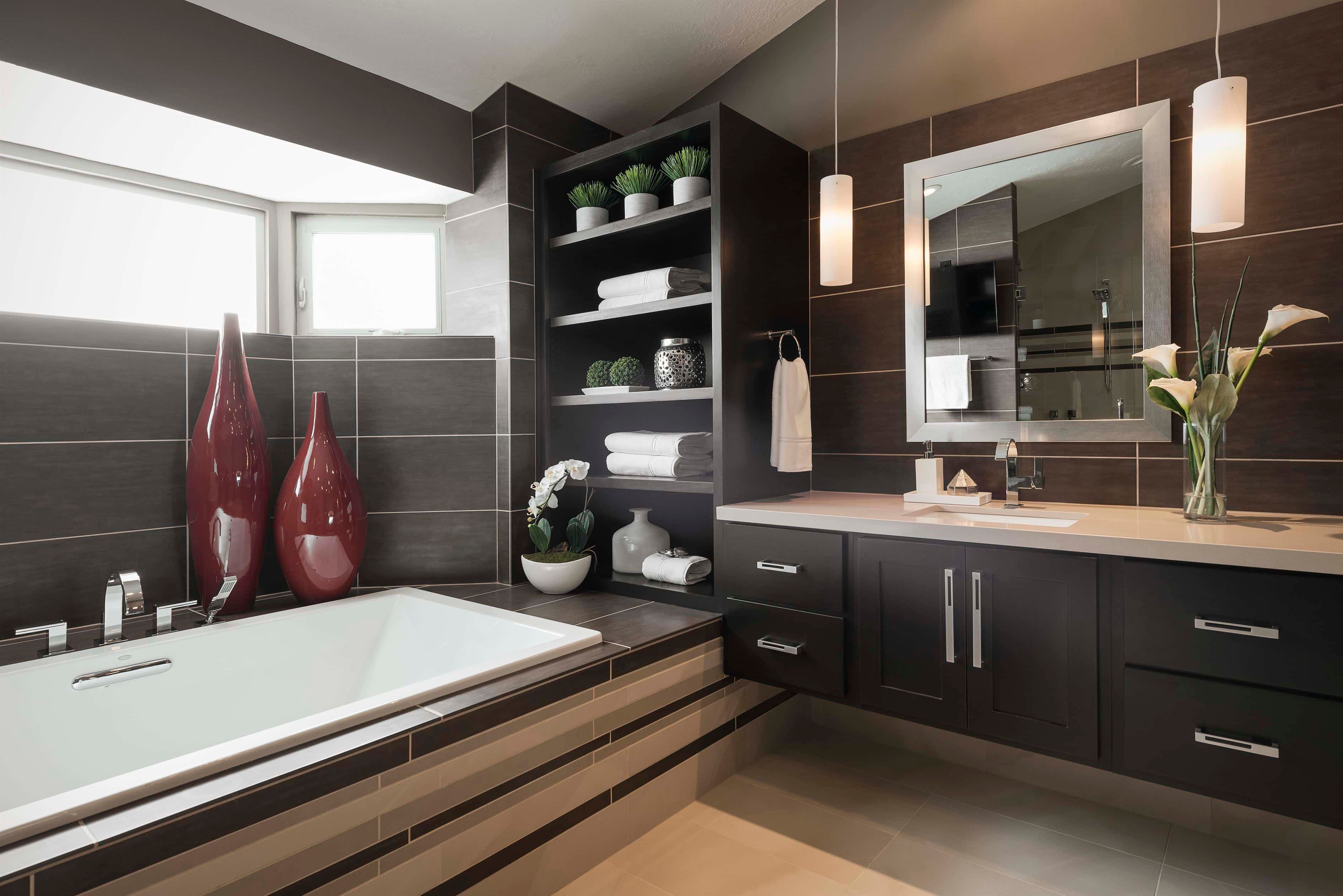 Tub and custom storage in Salt Lake City bathroom renovation.