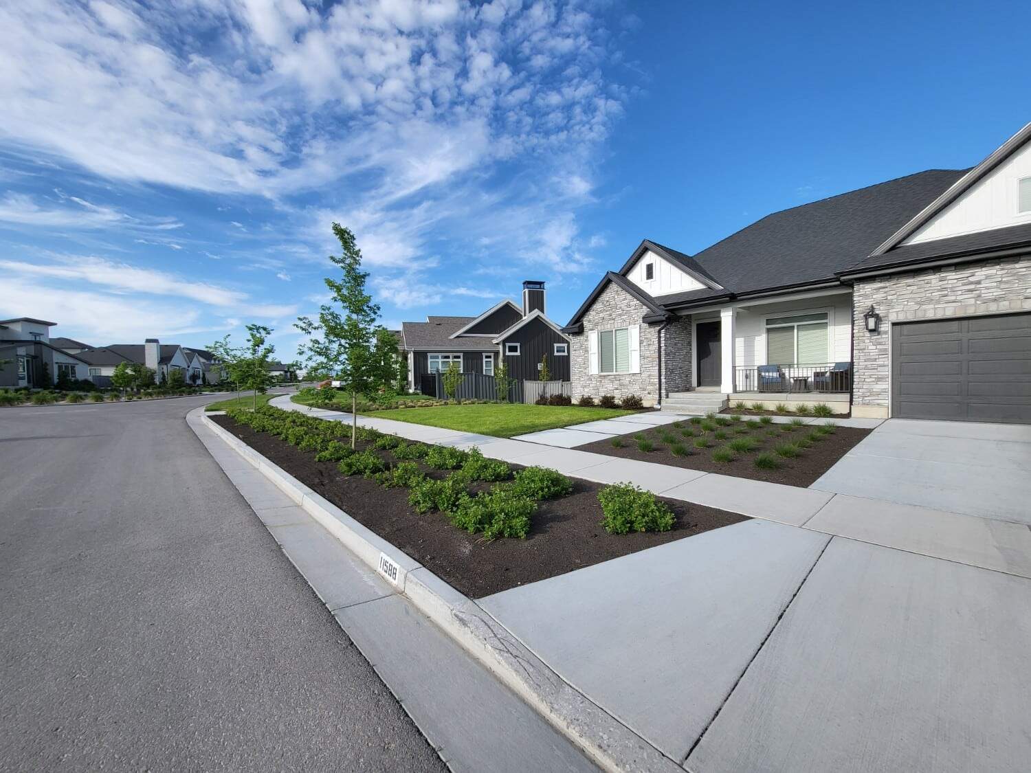 Manicured front yard landscape with trimmed grass, colorful plants, and clean edges, showcasing professional maintenance services.
