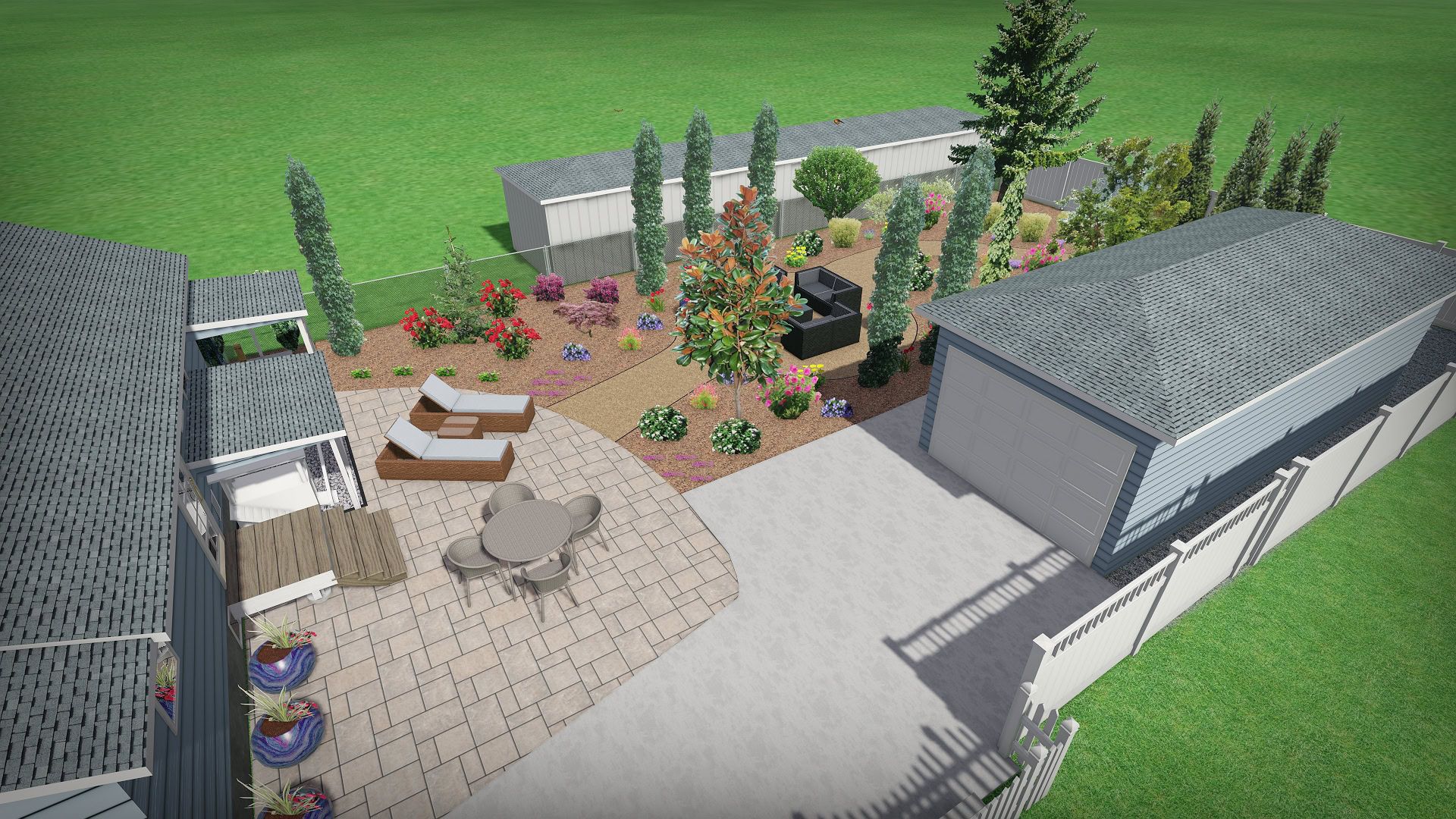 Top-down 3D rendering from the front of the Millcreek property showing garage and xeriscape design.