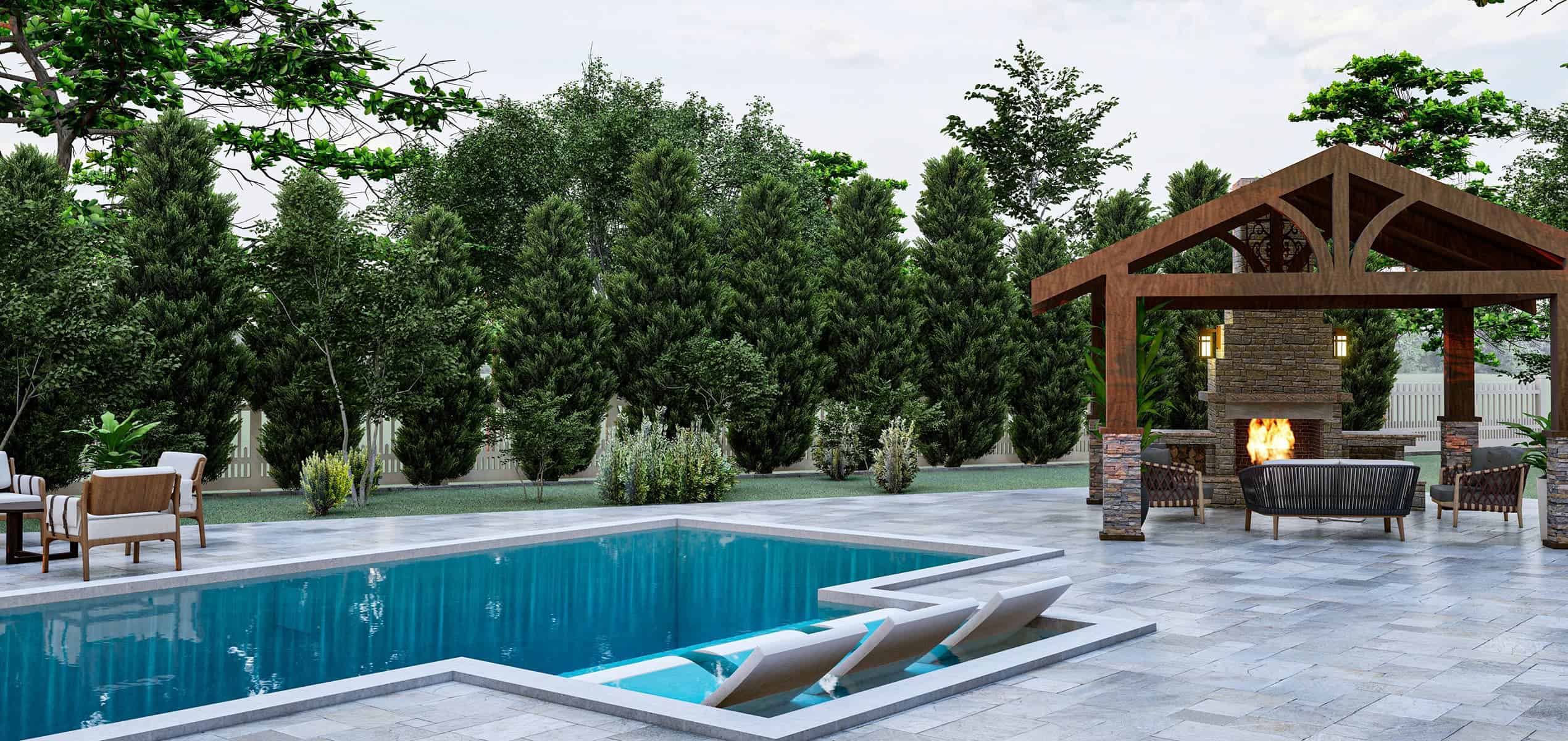 Completed backyard pool with a covered pavilion, fire feature, and stone patio