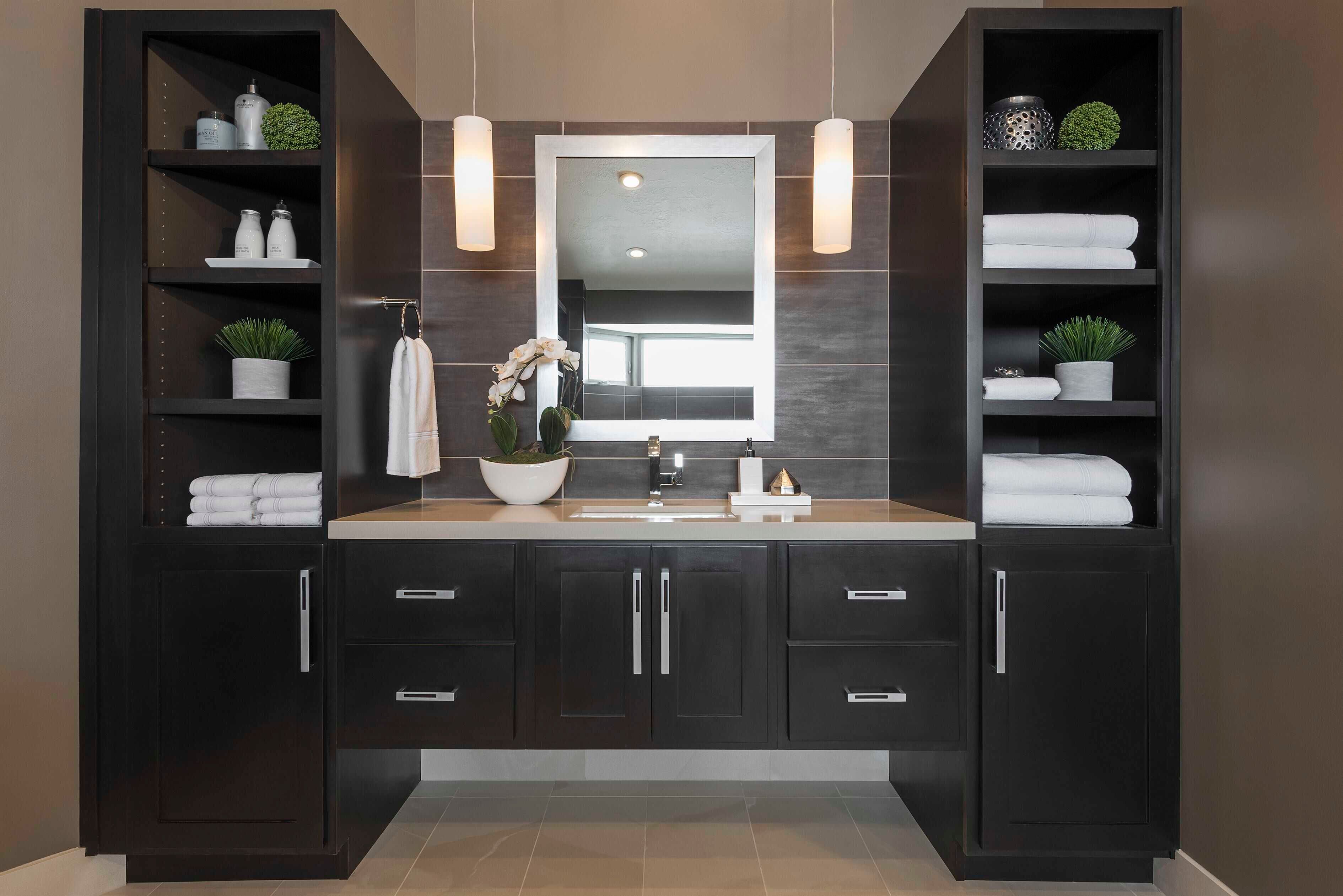 Custom vanity with cabinets in Salt Lake City bathroom remodel.