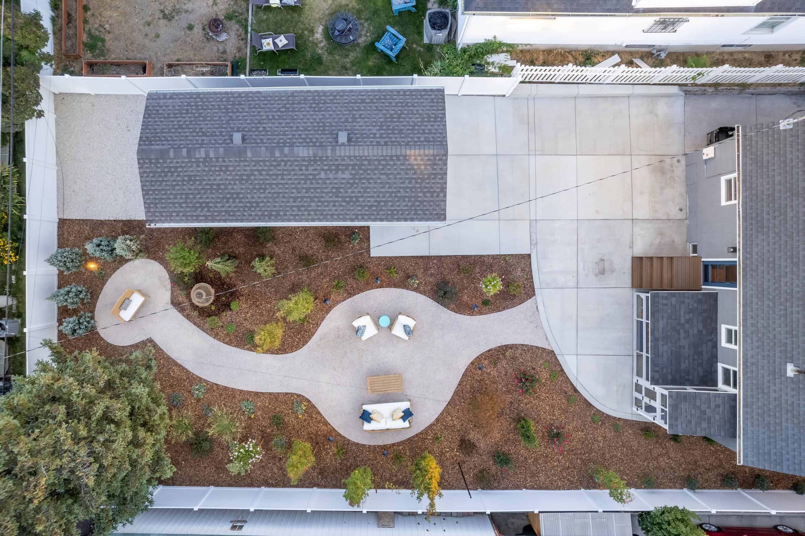 Top View of a landscape architecture featuring lush green plants and seating