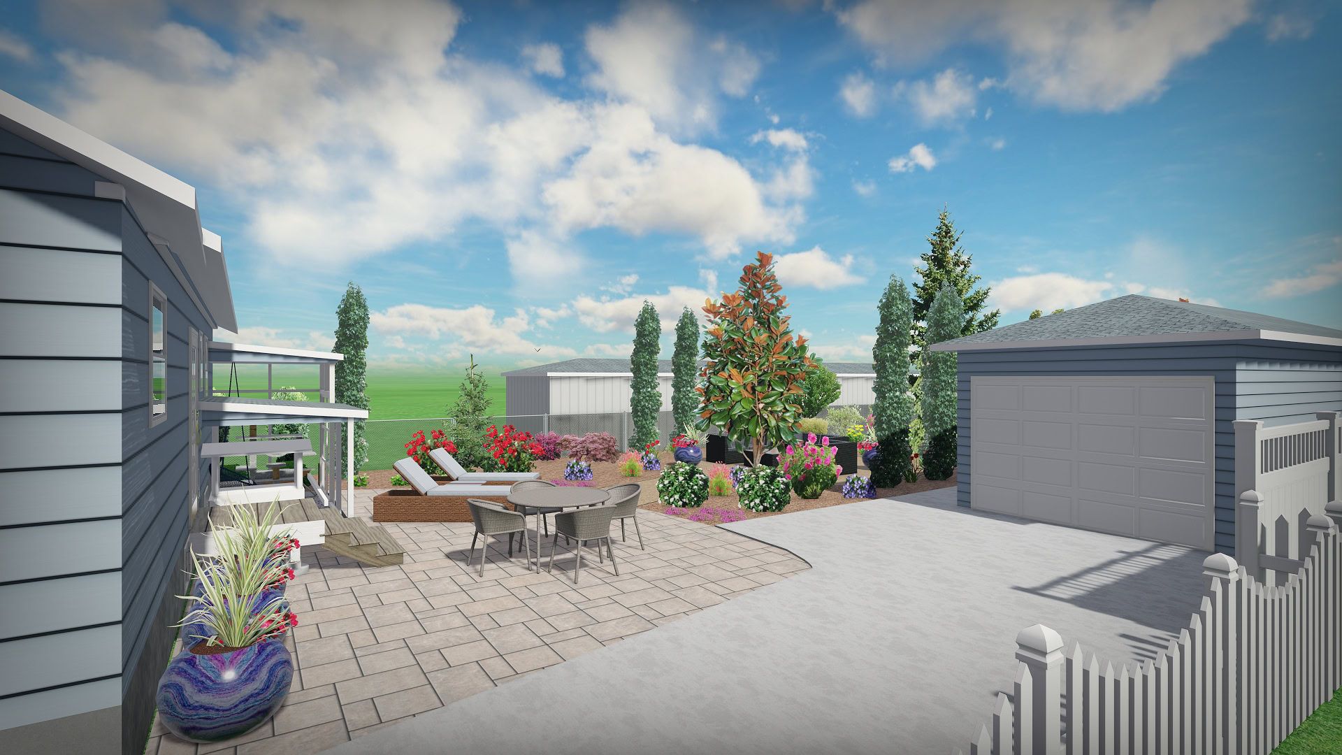 3D backyard landscape concept with a paved patio, planting beds, and detached garage